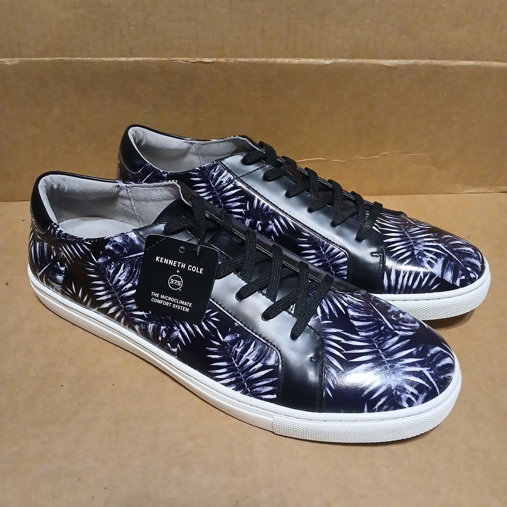 Kenneth Cole New York Black White Leaf Kam Leather Sneaker Men 9.5 M Slip On